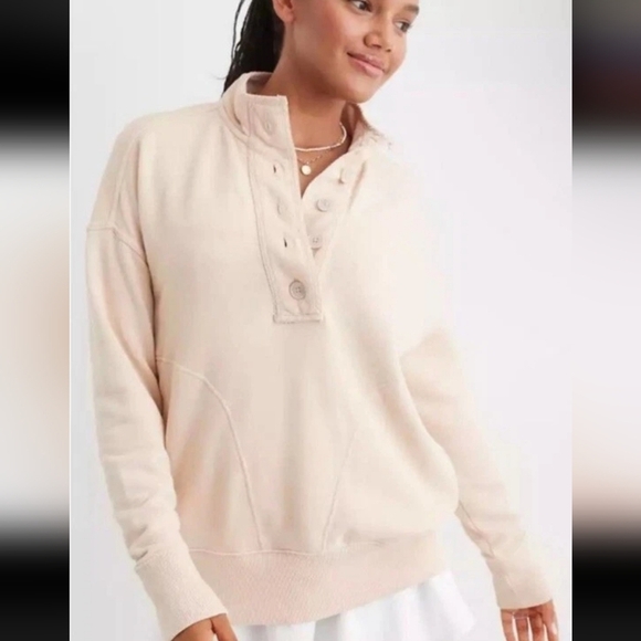 Aerie Oversized Sweatshirt Womens Nude Beige Henley Popover XS - Picture 8 of 8